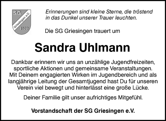 Traueranzeige von Sandra Uhlmann von Ehinger Tagblatt