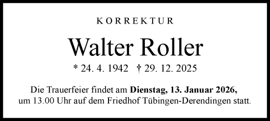 Traueranzeige von Walter Roller von Schwäbische Tagblatt