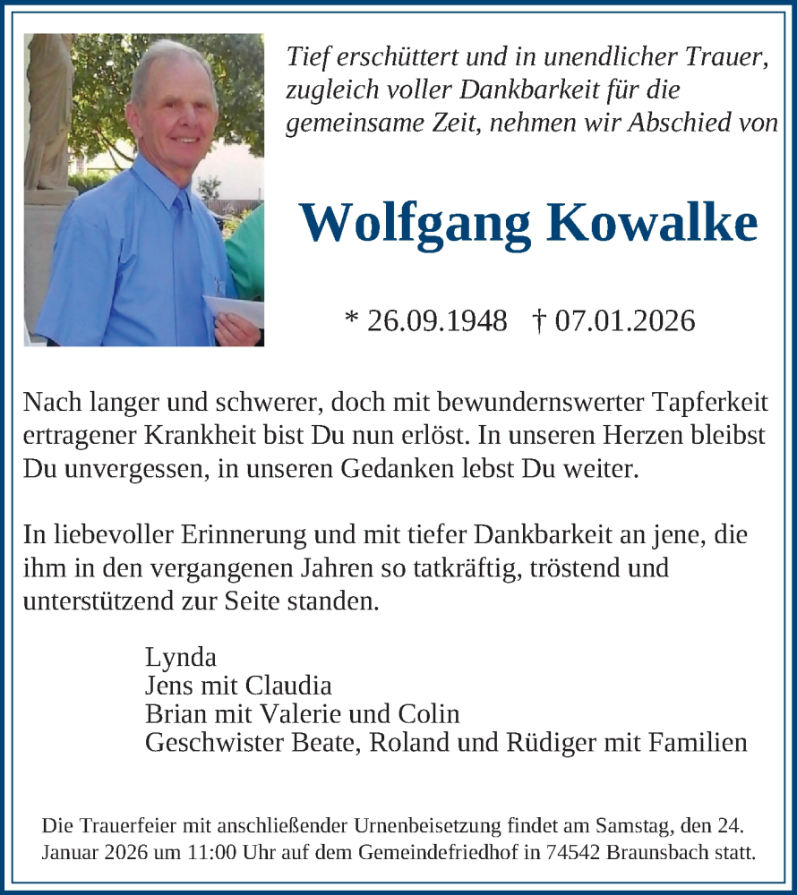  Traueranzeige für Wolfgang Kowalke vom 17.01.2026 aus Haller Tagblatt