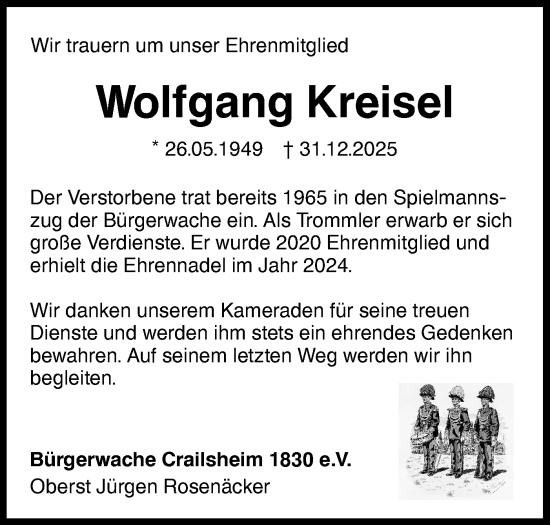 Traueranzeige von Wolfgang Kreisel von Hohenloher Tagblatt