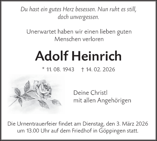 Traueranzeige von Adolf Heinrich von NWZ Neue Württembergische Zeitung