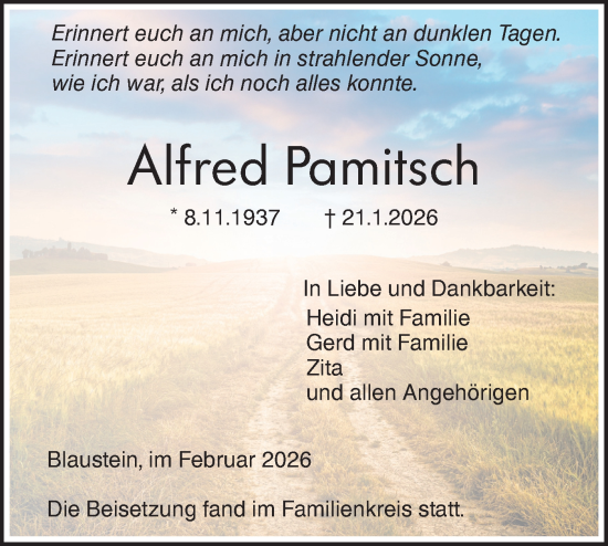 Traueranzeige von Alfred Pamitsch von SÜDWEST PRESSE Ausgabe Ulm/Neu-Ulm/Ehingen