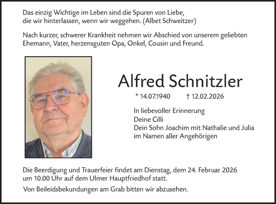 Traueranzeige von Alfred Schnitzler von SÜDWEST PRESSE Ausgabe Ulm/Neu-Ulm/Ehingen