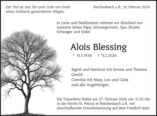 Traueranzeige von Alois Blessing von NWZ Neue Württembergische Zeitung/Geislinger Zeitung
