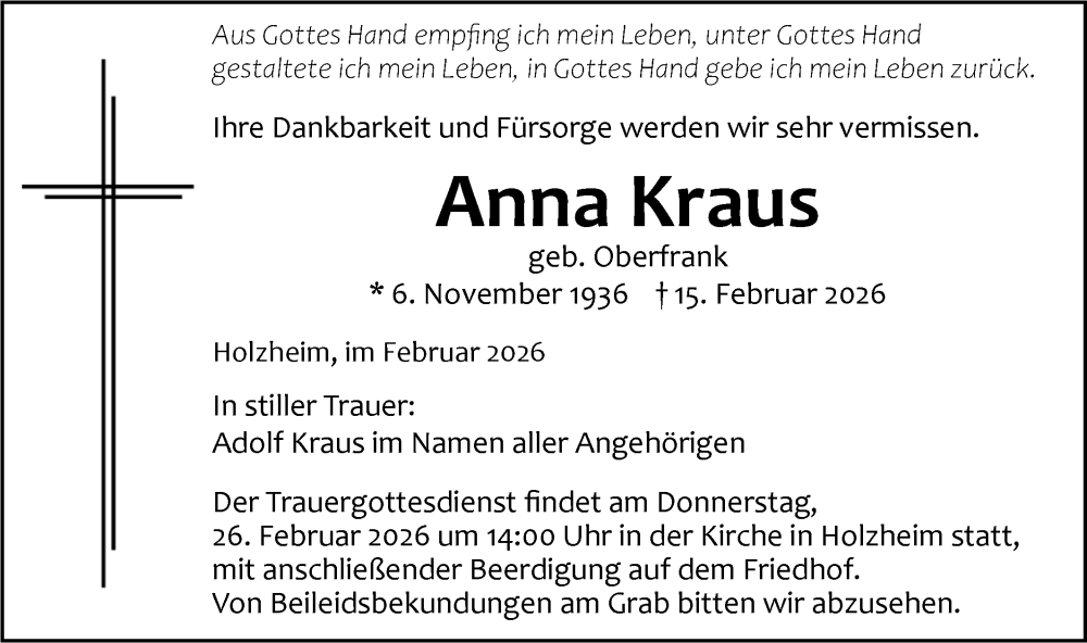  Traueranzeige für Anna Kraus vom 21.02.2026 aus SÜDWEST PRESSE Ausgabe Ulm/Neu-Ulm/Ehingen/Neu-Ulmer Zeitung