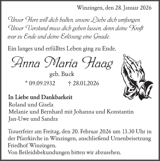 Traueranzeige von Anna Maria Haag von Ehinger Tagblatt