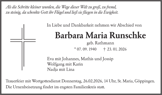Traueranzeige von Barbara Maria Runschke von NWZ Neue Württembergische Zeitung