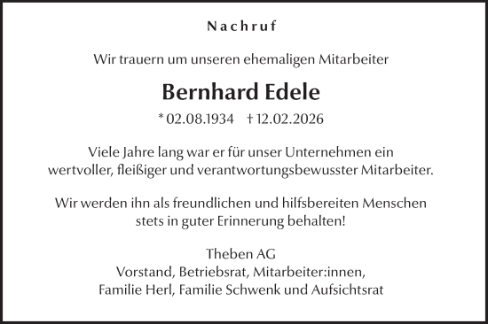 Traueranzeige von Bernhard Edele von SÜDWEST PRESSE Zollernalbkreis