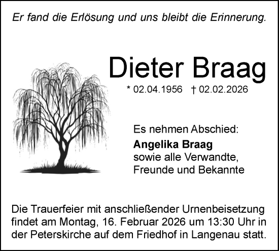 Traueranzeige von Dieter Braag von SÜDWEST PRESSE Ausgabe Ulm/Neu-Ulm/Ehingen