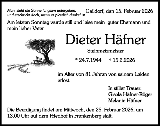 Traueranzeige von Dieter Häfner von Rundschau Gaildorf
