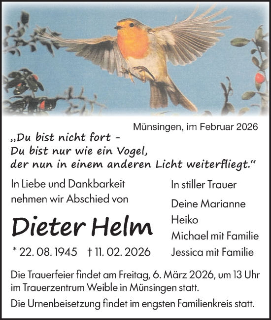 Traueranzeige von Dieter Helm von Alb-Bote/Metzinger-Uracher Volksblatt