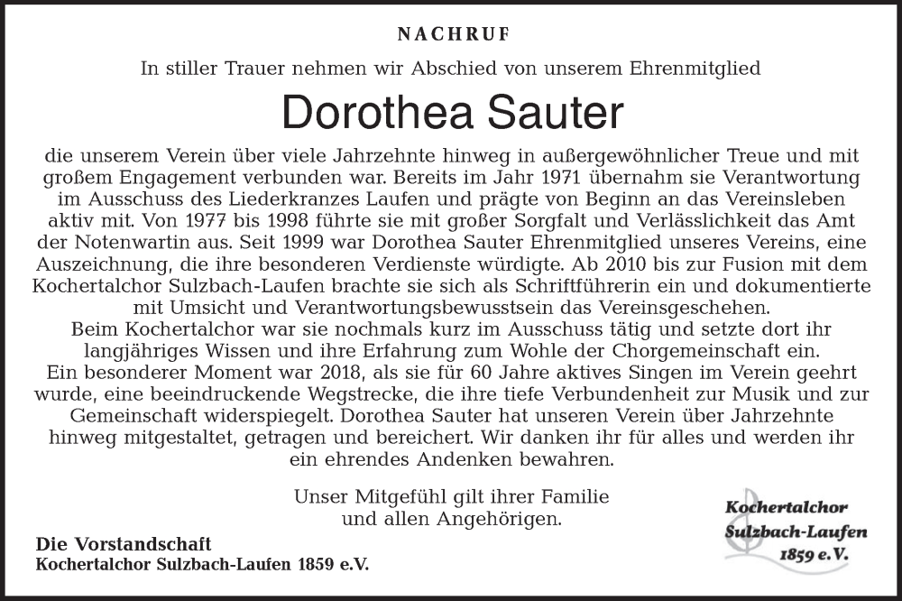  Traueranzeige für Dorothea Sauter vom 17.02.2026 aus Rundschau Gaildorf