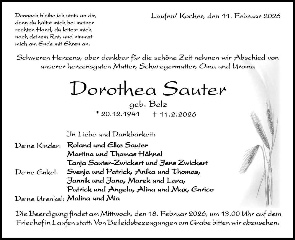 Traueranzeige für Dorothea Sauter vom 14.02.2026 aus Rundschau Gaildorf