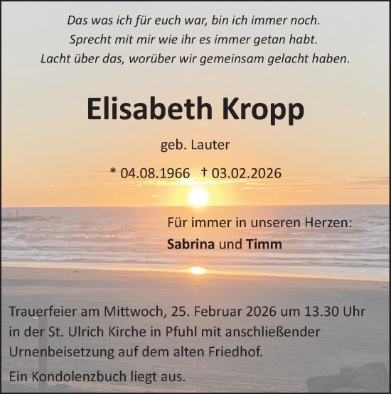Traueranzeige von Elisabeth Kropp von SÜDWEST PRESSE Ausgabe Ulm/Neu-Ulm/Ehingen