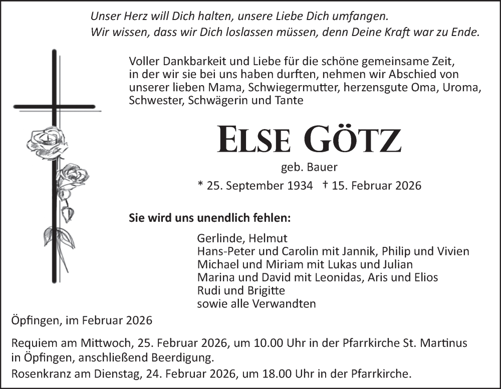  Traueranzeige für Else Götz vom 21.02.2026 aus Ehinger Tagblatt