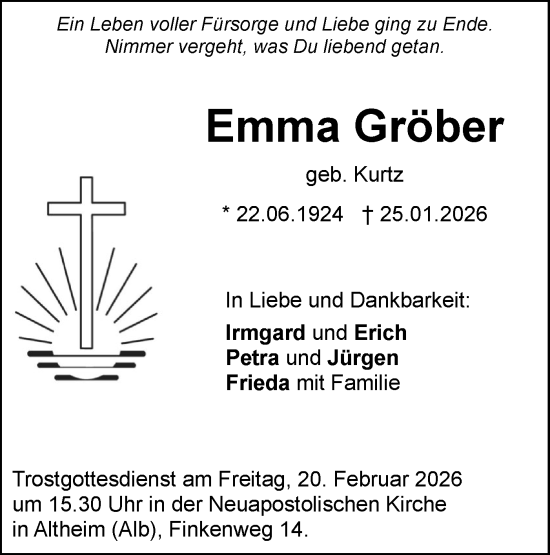 Traueranzeige von Emma Gröber von SÜDWEST PRESSE Ausgabe Ulm/Neu-Ulm/Ehingen
