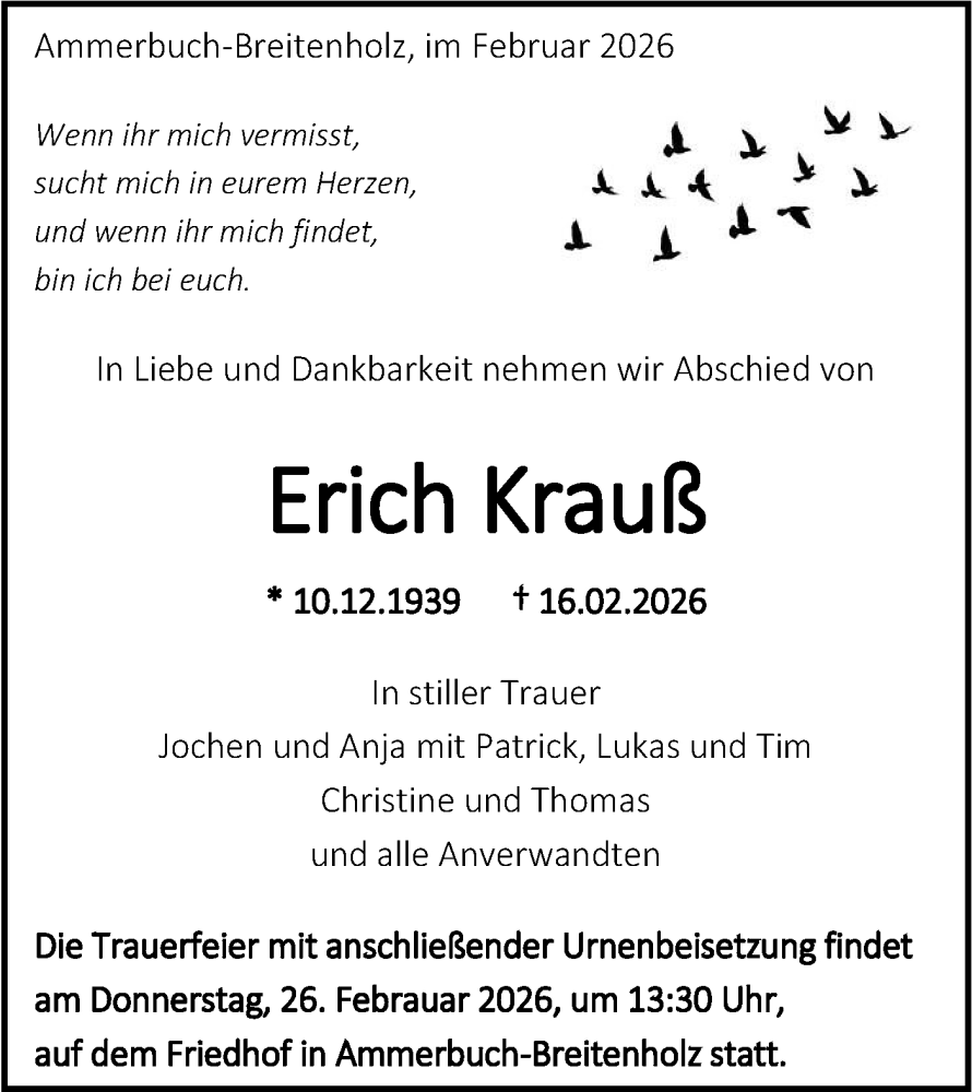  Traueranzeige für Erich Krauß vom 21.02.2026 aus Schwäbische Tagblatt