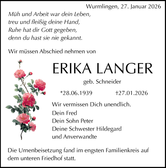 Traueranzeige von Erika Langer von Schwäbische Tagblatt