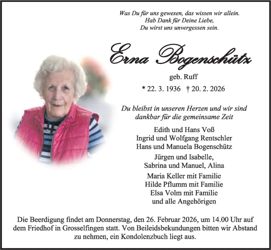 Traueranzeige von Erna Bogenschütz von SÜDWEST PRESSE Zollernalbkreis