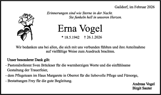 Traueranzeige von Erna Vogel von Rundschau Gaildorf
