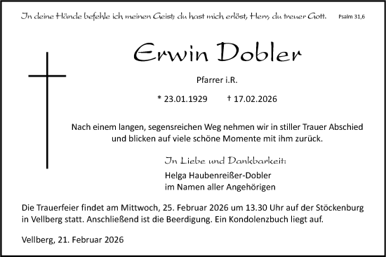 Traueranzeige von Erwin Dobler von Haller Tagblatt