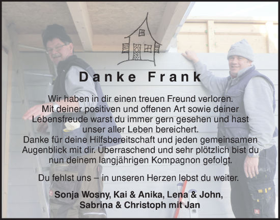 Traueranzeige von Frank  von Hohenloher Tagblatt