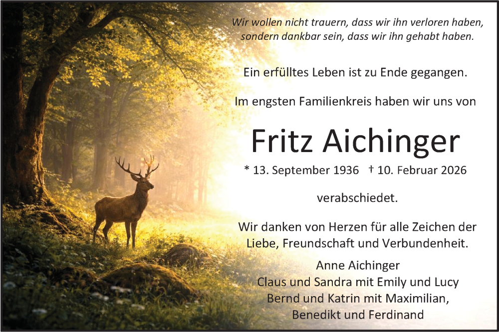  Traueranzeige für Fritz Aichinger vom 21.02.2026 aus SÜDWEST PRESSE Zollernalbkreis