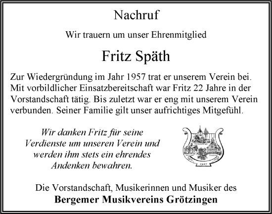 Traueranzeige von Fritz Späth von Ehinger Tagblatt