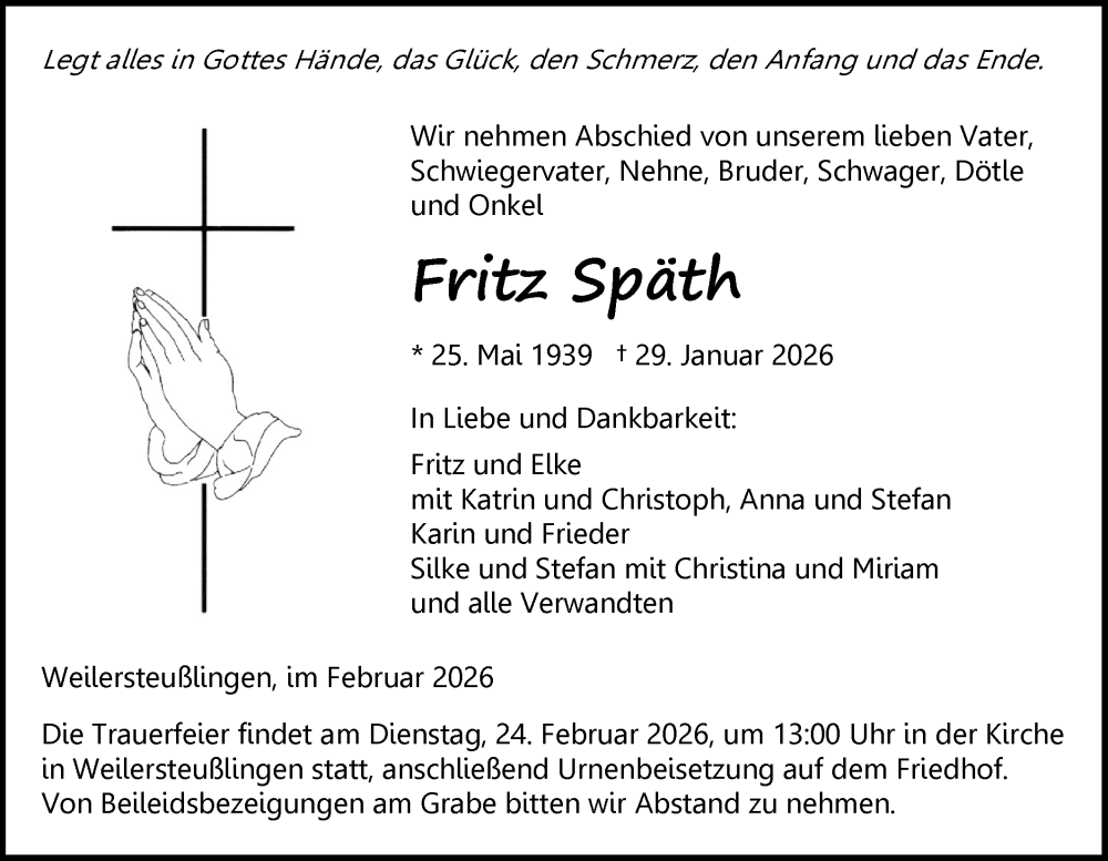  Traueranzeige für Fritz Späth vom 19.02.2026 aus Ehinger Tagblatt