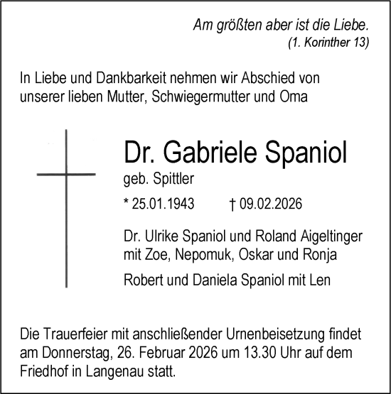 Traueranzeige von Gabriele Spaniol von SÜDWEST PRESSE Ausgabe Ulm/Neu-Ulm/Ehingen