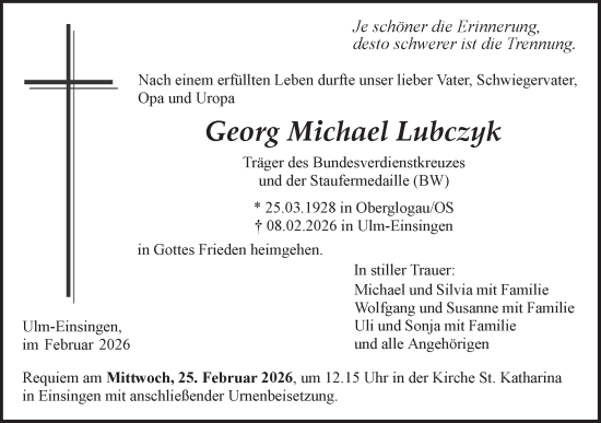 Traueranzeige von Georg Michael Lubczyk von SÜDWEST PRESSE Ausgabe Ulm/Neu-Ulm/Ehingen