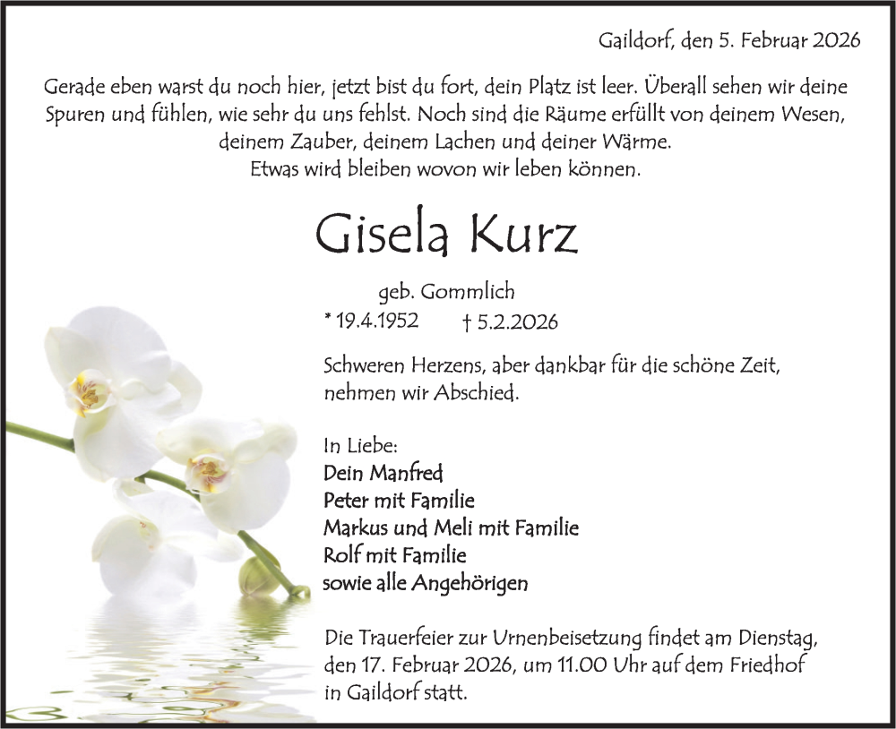  Traueranzeige für Gisela Kurz vom 14.02.2026 aus Rundschau Gaildorf/Haller Tagblatt