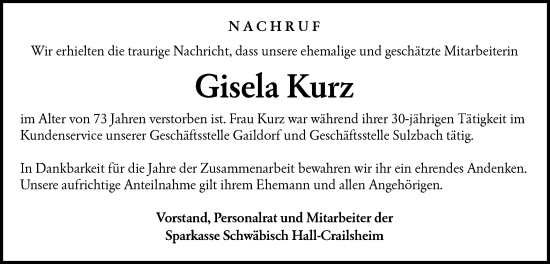 Traueranzeige von Gisela Kurz von Hohenloher Tagblatt/Haller Tagblatt