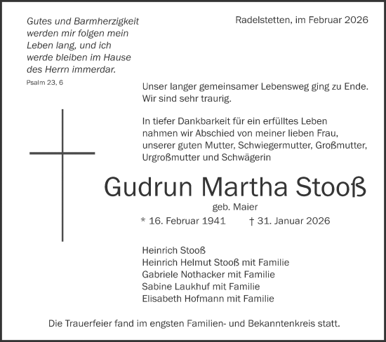 Traueranzeige von Gudrun Martha Stooß von SÜDWEST PRESSE Ausgabe Ulm/Neu-Ulm/Ehingen