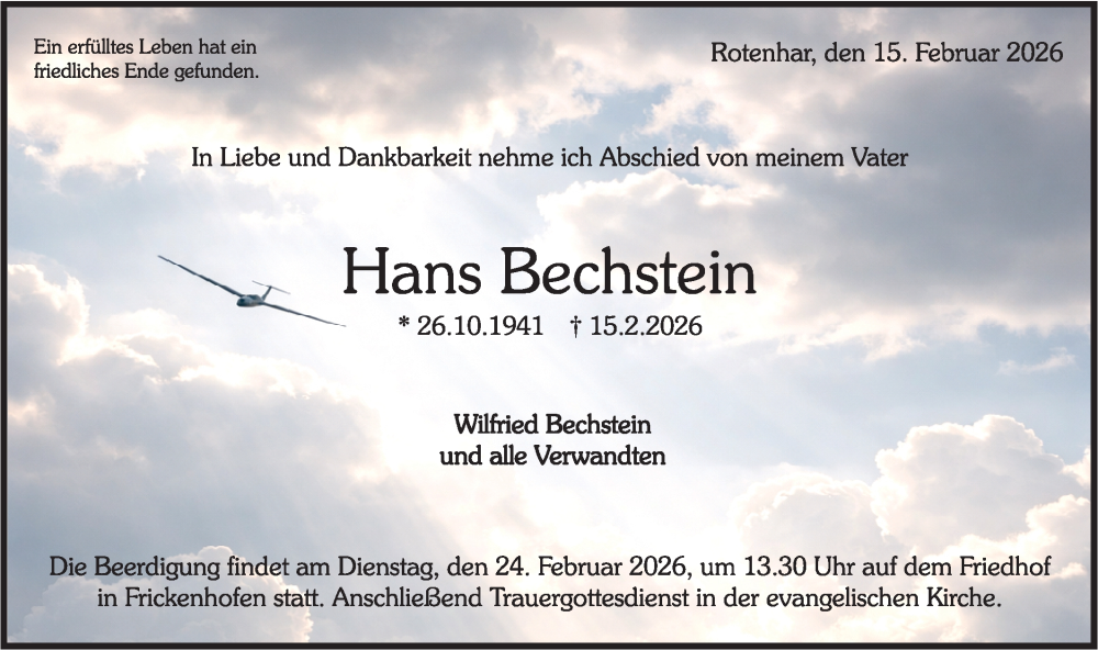  Traueranzeige für Hans Bechstein vom 20.02.2026 aus Rundschau Gaildorf