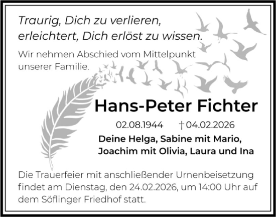 Traueranzeige von Hans-Peter Fichter von SÜDWEST PRESSE Ausgabe Ulm/Neu-Ulm/Ehingen