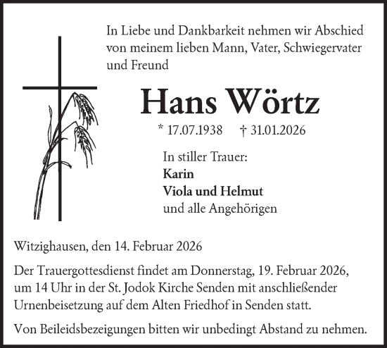 Traueranzeige von Hans Wörtz von SÜDWEST PRESSE Ausgabe Ulm/Neu-Ulm/Ehingen