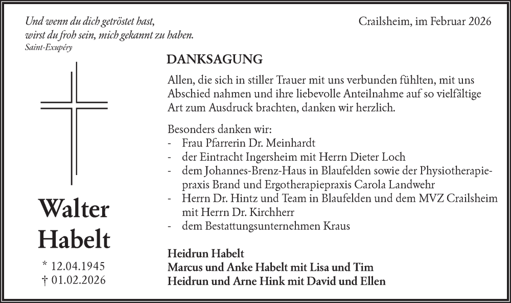  Traueranzeige für Heidrun Habelt vom 21.02.2026 aus Hohenloher Tagblatt