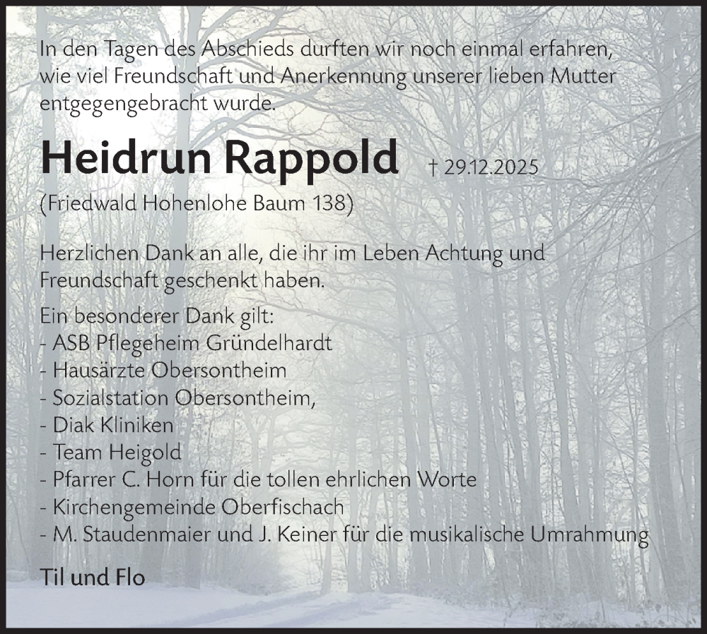 Traueranzeige für Heidrun Rappold vom 14.02.2026 aus Haller Tagblatt