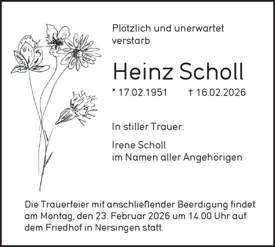 Traueranzeige von Heinz Scholl von SÜDWEST PRESSE Ausgabe Ulm/Neu-Ulm/Ehingen/Neu-Ulmer Zeitung