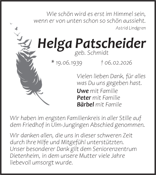 Traueranzeige von Helga Patscheider von SÜDWEST PRESSE Ausgabe Ulm/Neu-Ulm/Ehingen