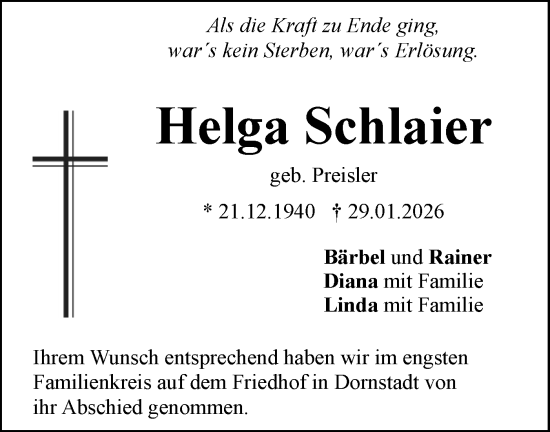 Traueranzeige von Helga Schlaier von SÜDWEST PRESSE Ausgabe Ulm/Neu-Ulm/Ehingen