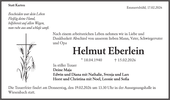 Traueranzeige von Helmut Eberlein von Hohenloher Tagblatt