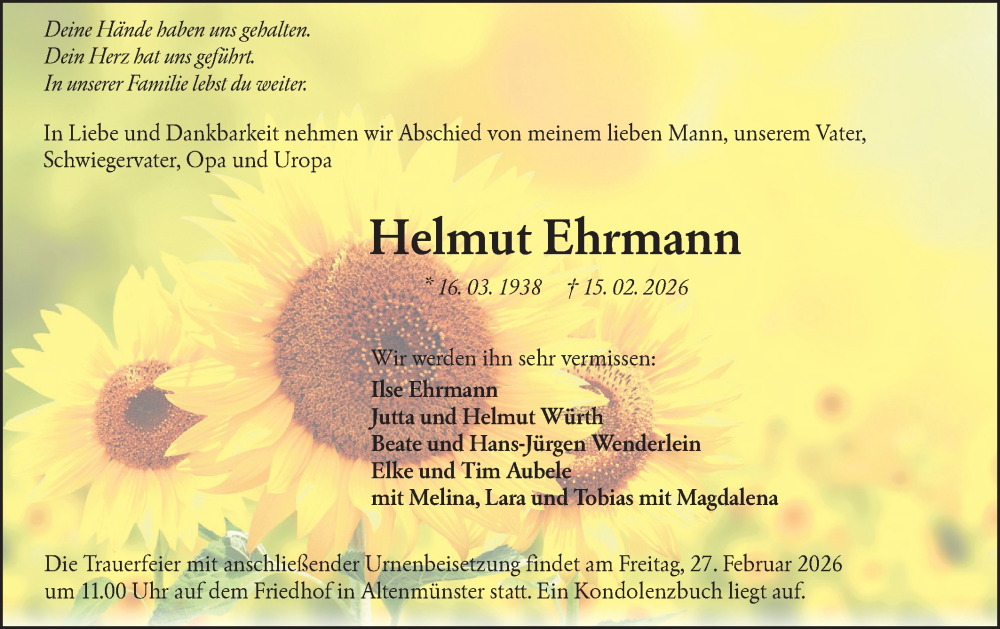  Traueranzeige für Helmut Ehrmann vom 21.02.2026 aus Hohenloher Tagblatt