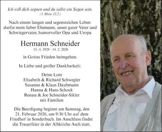 Traueranzeige von Hermann Schneider von SÜDWEST PRESSE Ausgabe Ulm/Neu-Ulm/Ehingen/Das Blaumännle