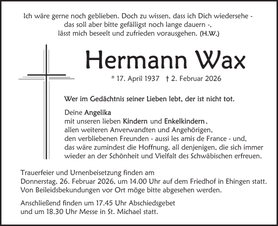 Traueranzeige von Hermann Wax von SÜDWEST PRESSE Ausgabe Ulm/Neu-Ulm/Ehingen