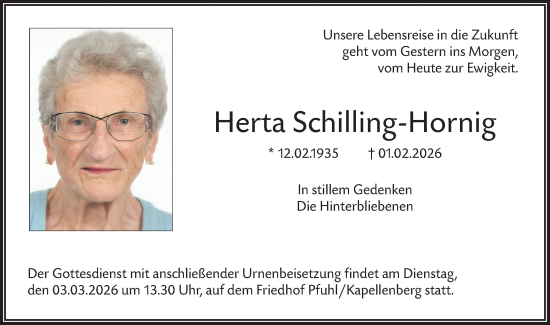 Traueranzeige von Herta Schilling-Hornig von SÜDWEST PRESSE Ausgabe Ulm/Neu-Ulm/Ehingen