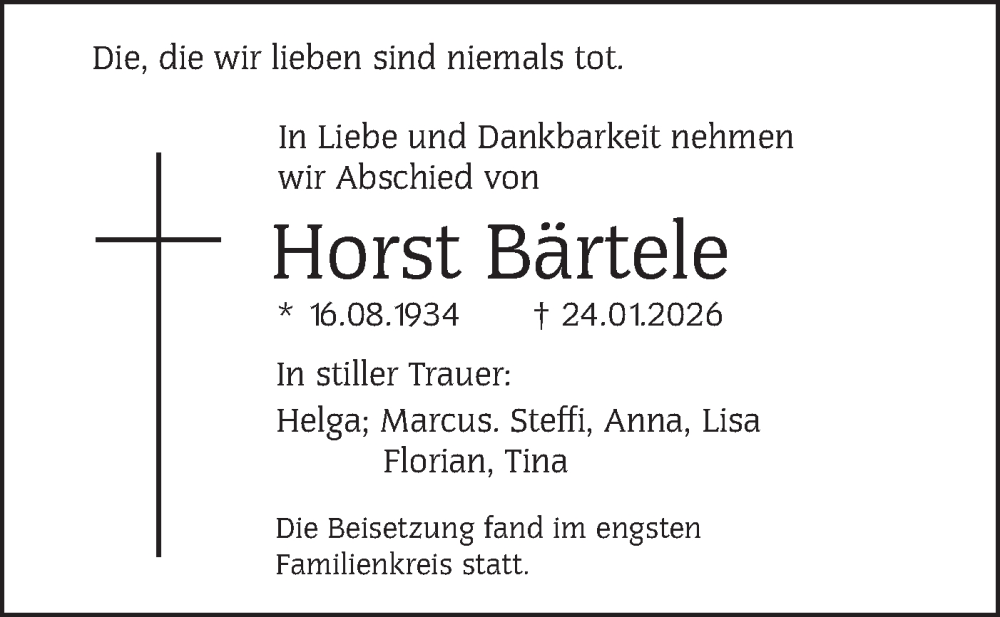  Traueranzeige für Horst Bärtele vom 21.02.2026 aus SÜDWEST PRESSE Ausgabe Ulm/Neu-Ulm/Ehingen