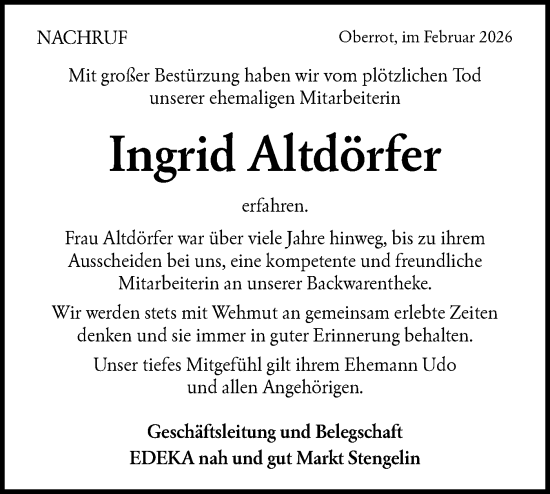 Traueranzeige von Ingrid Altdörfer von Rundschau Gaildorf