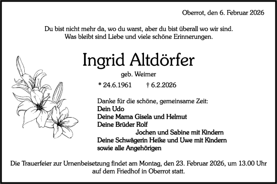 Traueranzeige von Ingrid Altdörfer von Rundschau Gaildorf